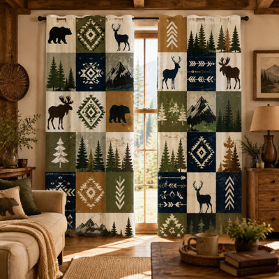 2Pcs Rustic Forest Patchwork Sun Blocking Curtains, Woodland Animal and Tree Print Ring Top, Modern Geometric Pattern Indoor for Living Room for Home Dector