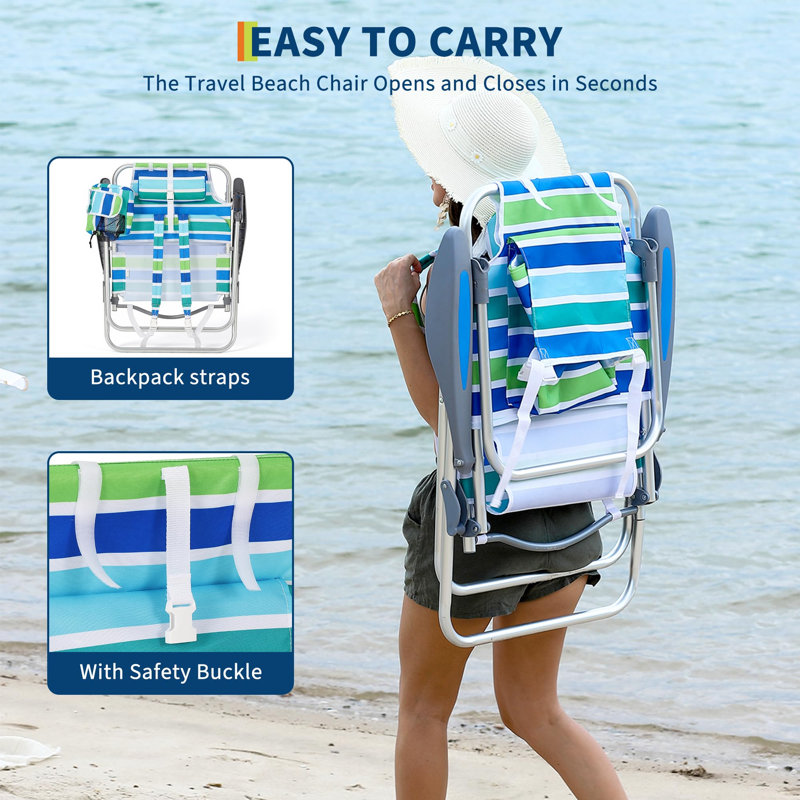 Ensemble de 2 chaises de plage mains libres avec sac isotherme et 5 sièges de sable inclinables à plat