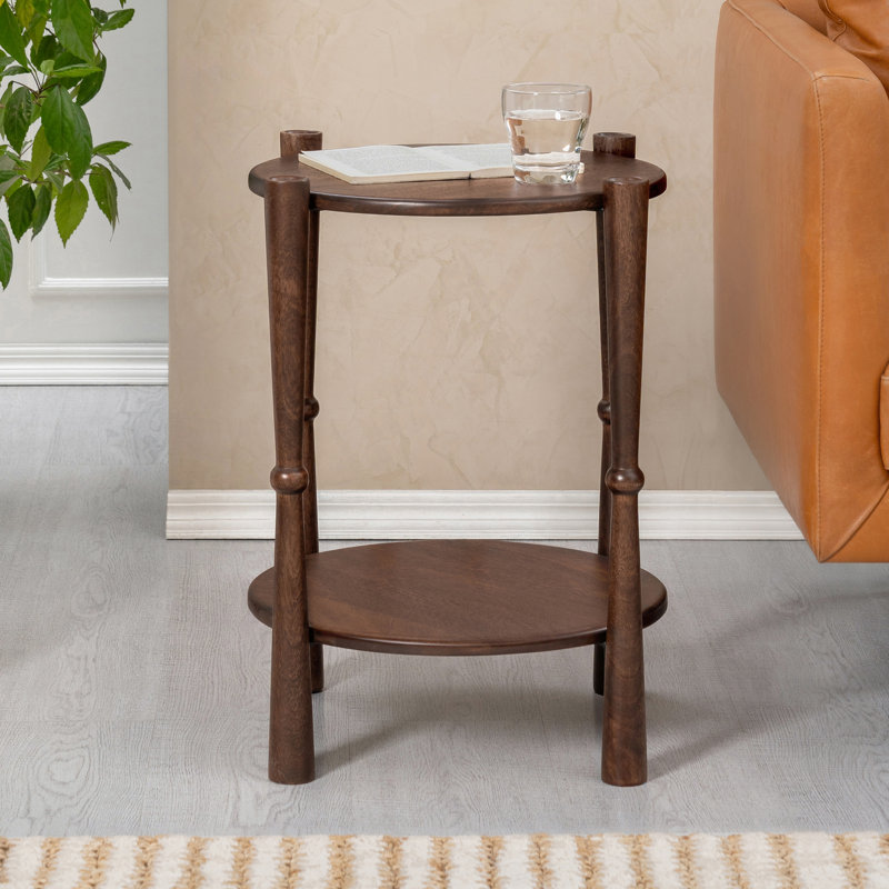 Olive Solid Wood End Table with 2-Tier Storage
