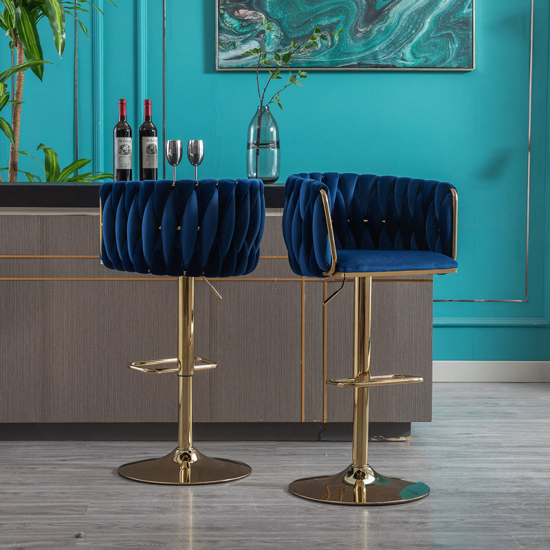 Ensemble de 2 tabourets de bar réglables avec repose-pieds chromé et base pivotante, Marine
