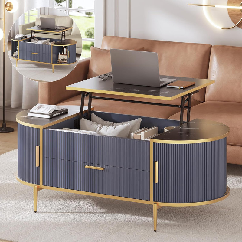 39.4" Lift Top Coffee Table with 2 Drawers, Modern LED Coffee Tables, Black, Black