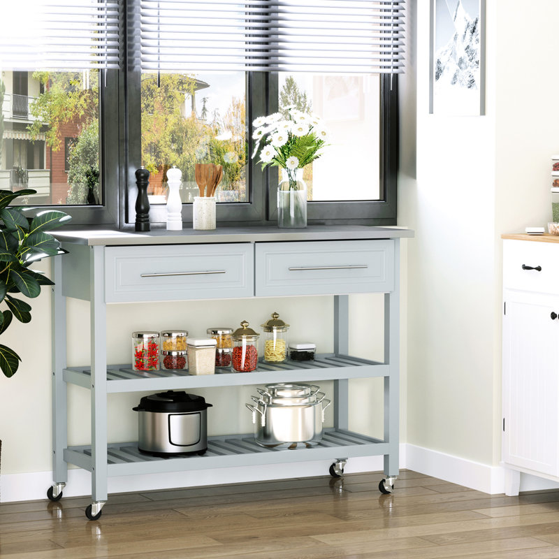 Îlot de cuisine, plateau en acier inoxydable, 2 tablettes, tiroirs, gris, design rustique pour îlot de cuisine avec surface, solution de rangement ouverte