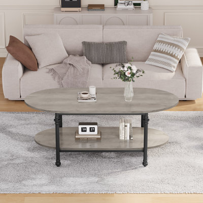 Oval Coffee Table in Rustic Brown - 47.2-Inch 2-Tier Vintage Center Table with Storage for Living Room or Office