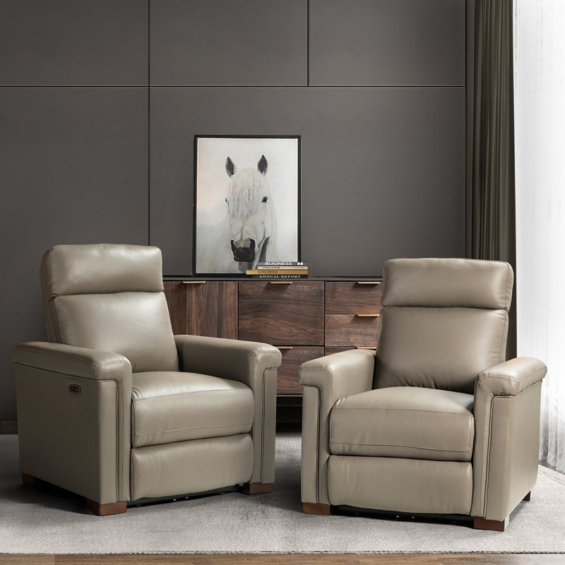 Adela 36.02'' W Genuine Leather Power Recliner with Solid Wood Legs, Dove  Genuine Leather