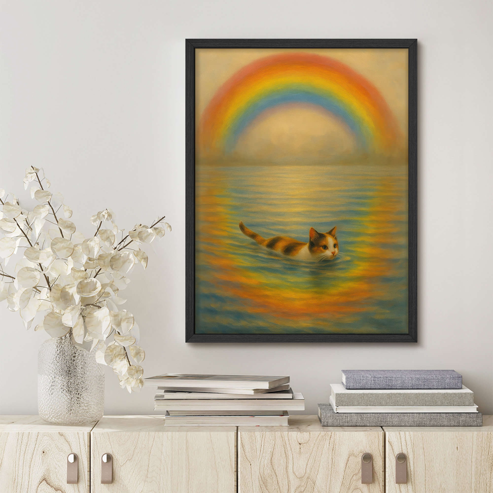 SIGNLEADER Cat with Rainbow Framed Print Wall Art - Whimsical ...