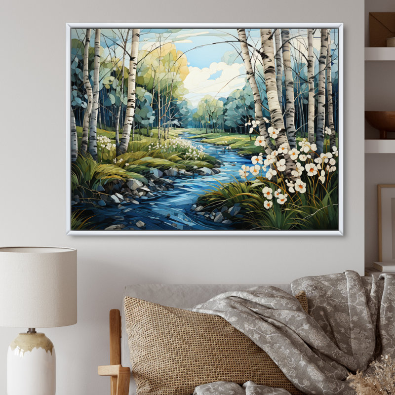 " Birch Woods Whispering Winds VIII " Mixed Media Print, 16" H x 32" W x 1" D, White Floater Framed