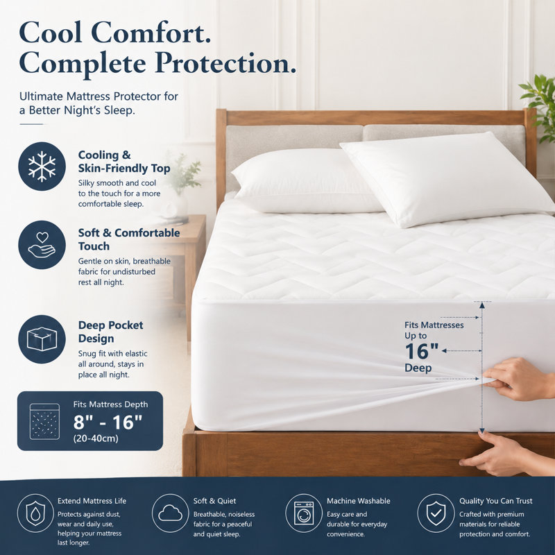 Cooling Waterproof Mattress Pad with Deep Pocket Fitted Skirt Polyline Quilt, Très grand simple