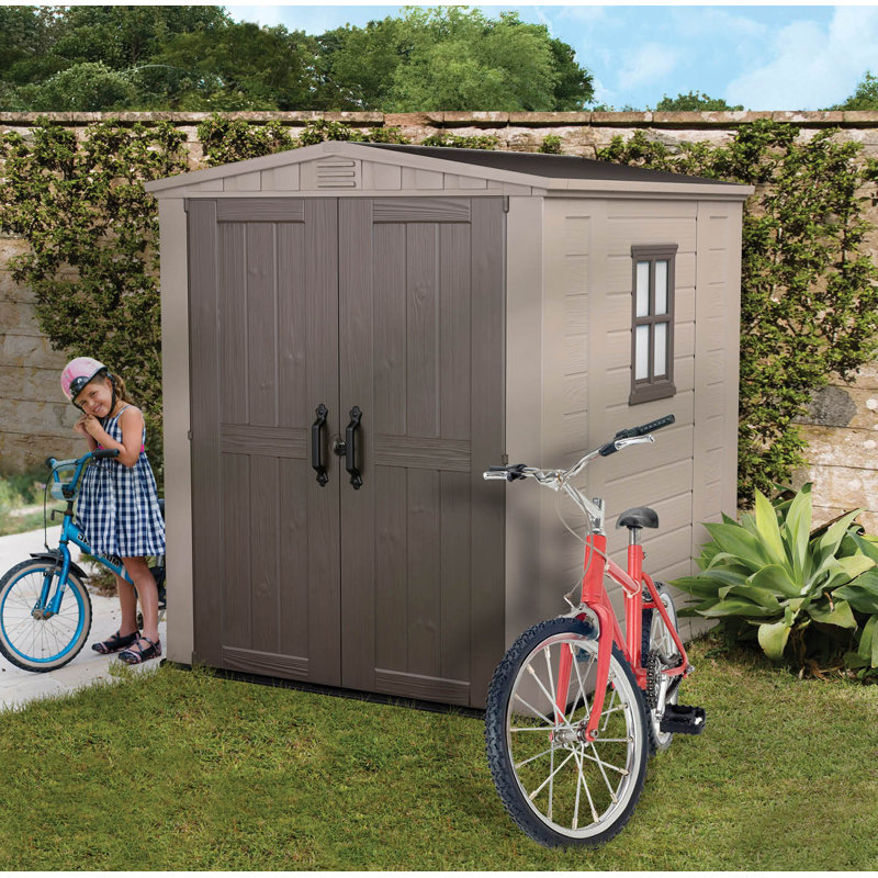 Keter Factor 6x6 ft. Durable Resin Outdoor Storage Shed With Floor and Double Doors for Garden Patio Furniture and Tools, Brown