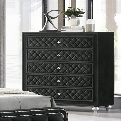 Commode à 5 tiroirs en velours capitonné 1 pièce Traditional Glam