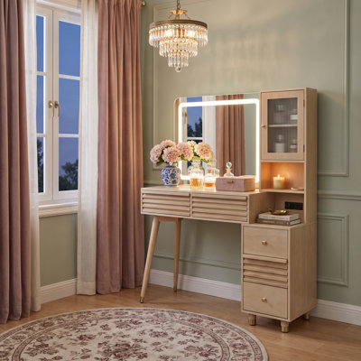45.9" Mid-Century Modern Lighted Vanity Desk with LED Mirror, Charging Station & Fluted Glass Cabinet