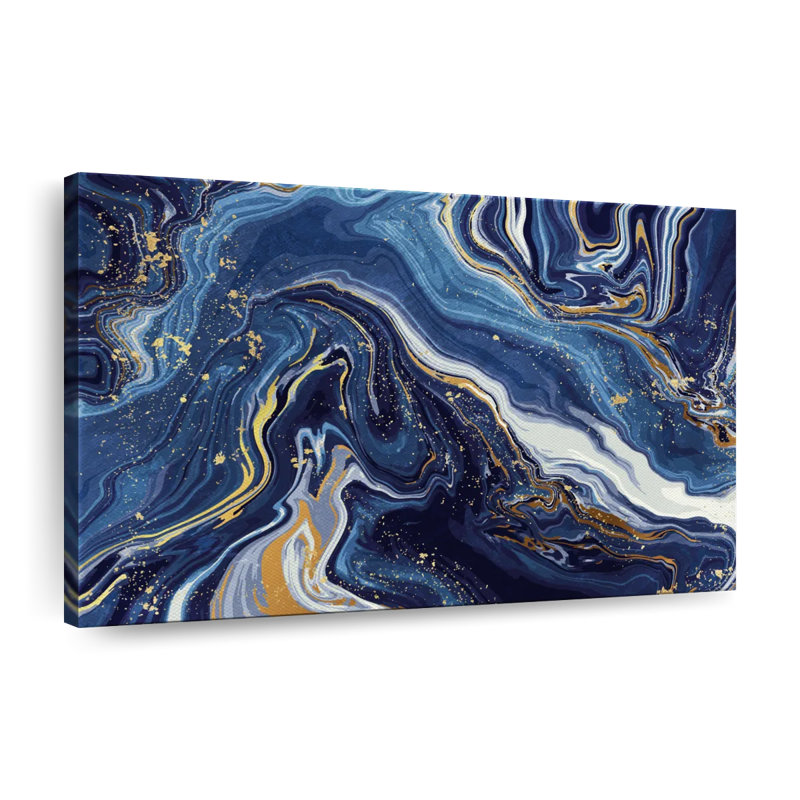 Suminagashi doré et bleu marine - reproduction sur toile tendue, H 32 po x l 48 po x P 1,25 po