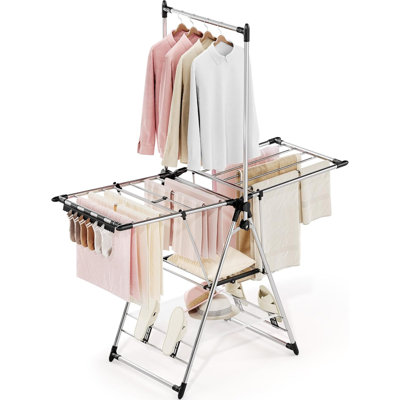 Clothes Drying Rack With High Hanger, Foldable 3-Level Drying Racks With Shoe Rack, Crossbar And Vertical Rod Laundry Stand With Adjustable Wings Silver