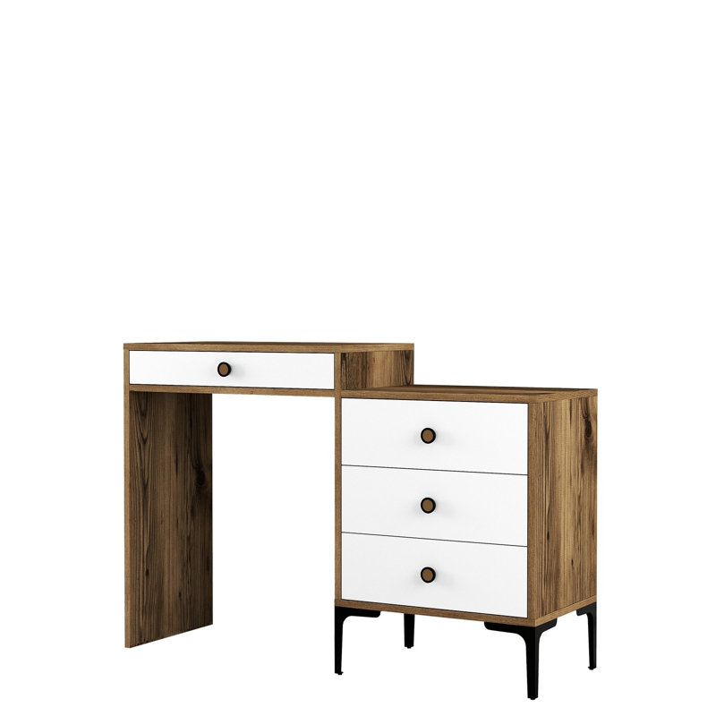 Table de maquillage moderne avec pieds en métal, finition noyer et blanc, 48,8 x 33,4 x 15,7 pouces | 100% panneau de particules enduit de mélamine, poignée en plastique | Commode élégante pour la maison et les espaces de beauté, design fonctionnel
