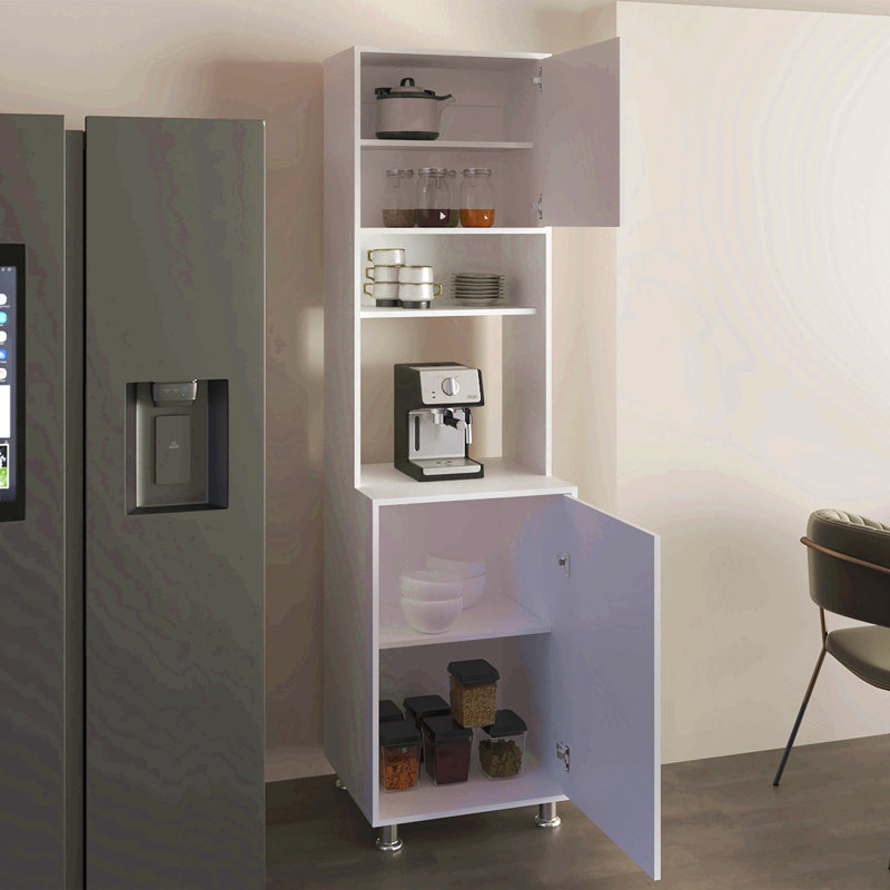 Armoire de cuisine avec deux portes, tablette centrale ouverte et rangement supérieur, blanc