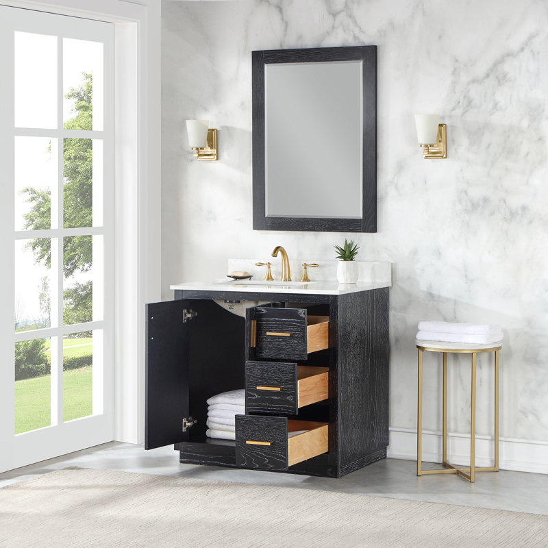 Gazsi 36" Single Bathroom Vanity Set With Grain White Engineered Stone Countertop With Mirror, Black Oak