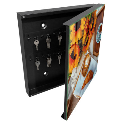 Wall mounted key box, Opens to the right, 30x30x5, White, Orange sunflowers, coffee and a croissant, 