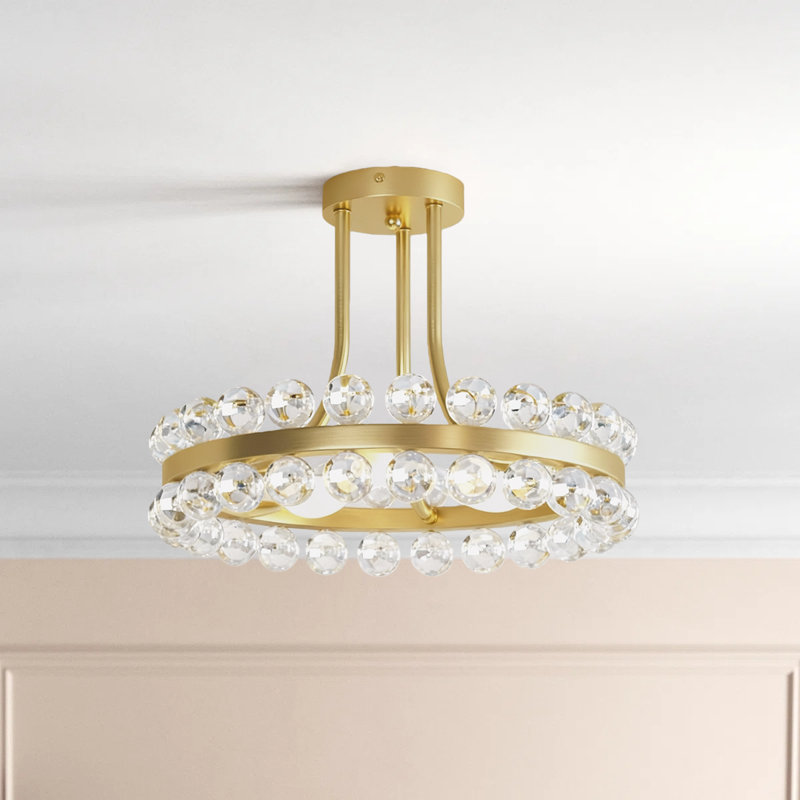 Jackeline 16'' - 3 Lights Brushed Brass Crystal Ball Modern Chandelier Style Circle Semi Flush Mount Lighting Fixture For Living Room/Bedroom