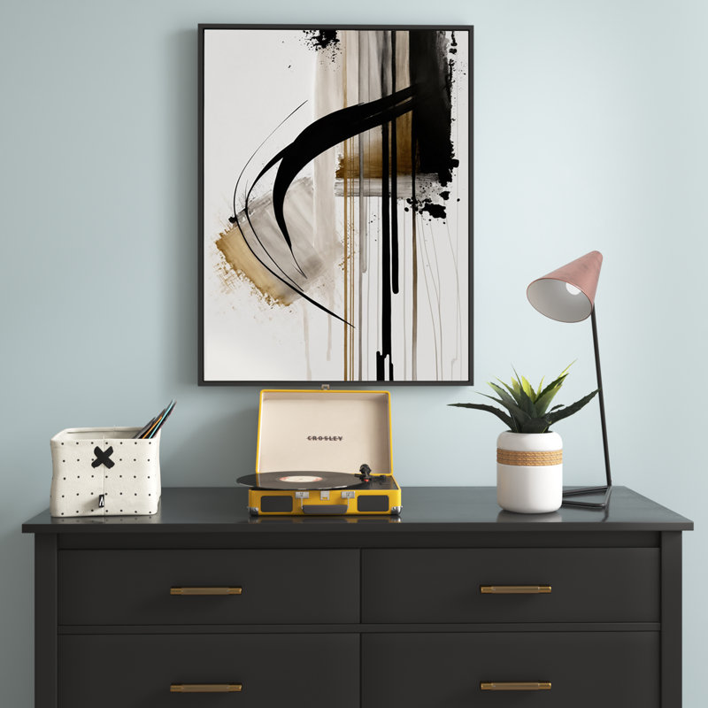 Noir, blanc et or Expression I - art mural abstrait, H 40 po x l 30 po, Toile avec cadre flottant, Noir