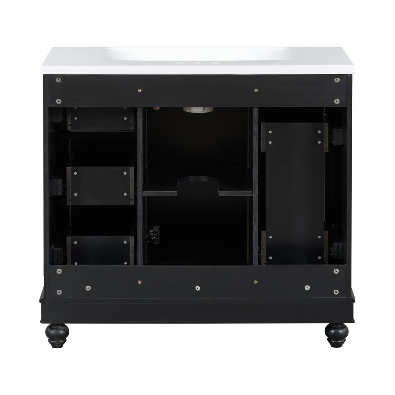Meuble-lavabo noir, 36 x 18 x 34 po, 4 tiroirs 1 porte, lavabo en résine, tablettes réglables, bois massif et design contemporain