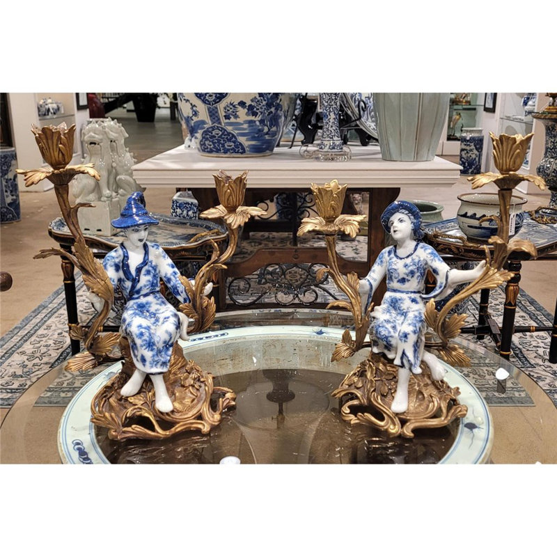 Porcelain Boy Figurine With Bronze Candle Holder Blue and White