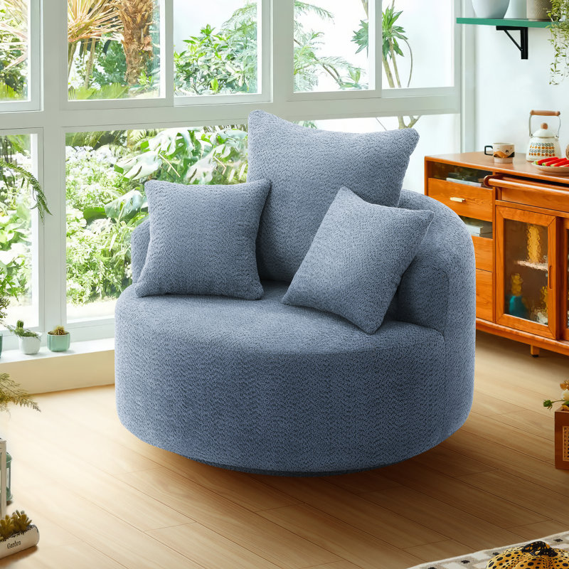 360° Swivel Round Accent Chair – Curved Backrest, Upholstery Compression Design, Plush & Comfy Seating, Blue Polyester