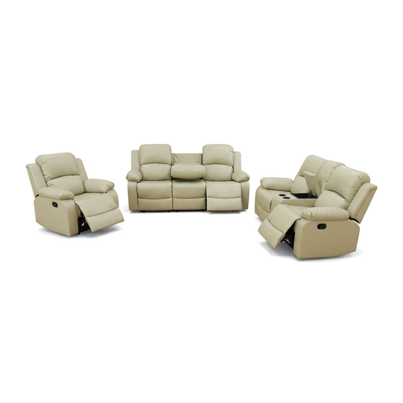 Ensemble de canapé inclinable beige 3 pièces Ensemble de meubles de salon inclinables manuels Ensemble de canapé inclinable en cuir reconstitué avec porte-gobelet / console de rangement pour la maison / le bureau