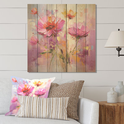 Pink And Yellow Cornflowers Garden - Cornflowers On Wood Print