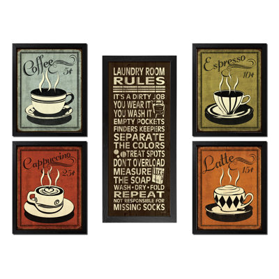 «Classic Retro Coffee, Espresso, Cappuccino, Latte and This House Runs on Love Laughter and a Whole Lot of Coffee», ensemble d'impression d'art graphique encadrée