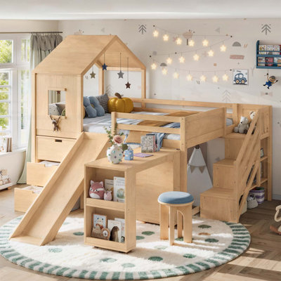 Lit mezzanine double avec rangement intégré, tablettes d'escalier ouvertes, bureau coulissant et glissoire pour enfants, naturel