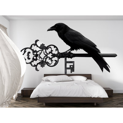 Gothic Raven Wall Art, Black Crow Wall Decal, Vintage Key Wall Decor, Dark Gothic Home Decor, Raven Wall Sticker 233Mv