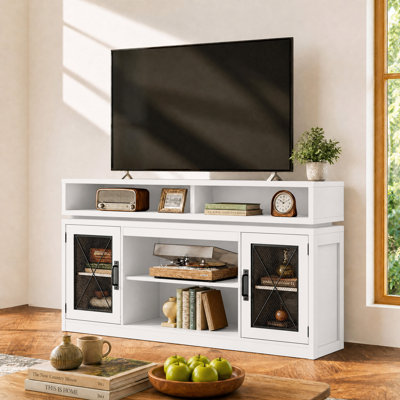 Meuble télé de ferme de 59 po pour téléviseur de 65 po ou moins avec portes en filet d'acier Mercato, centre de divertissement moderne avec lumières DEL, armoires de rangement et tablettes réglables, console média en bois pour le salon et la chambre à coucher
