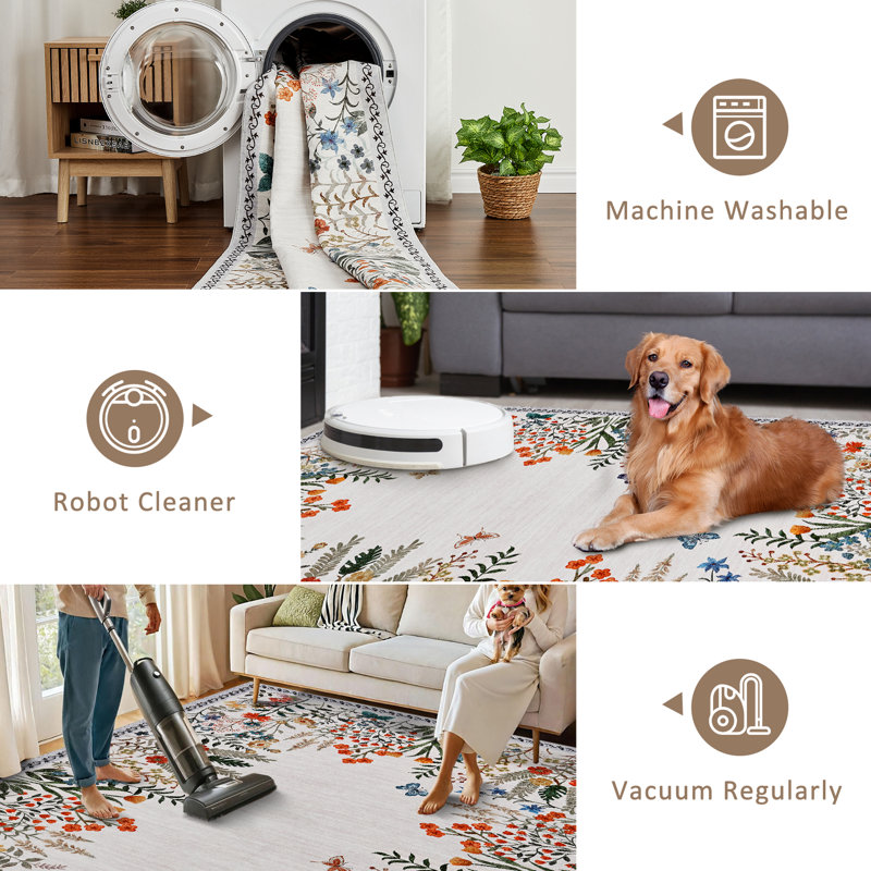 Washable Area Rug for Living Room - Soft Non-Slip Floral Botanical Carpet  Floor Rug - Perfect for Bedroom, Dining Room, Guest Room, Home Decor