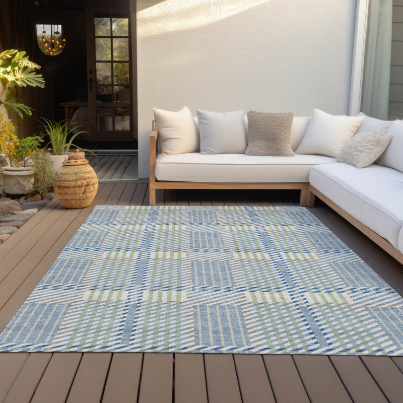 Machine Washable Denim Plaid Rectangular Synthetic Rug
