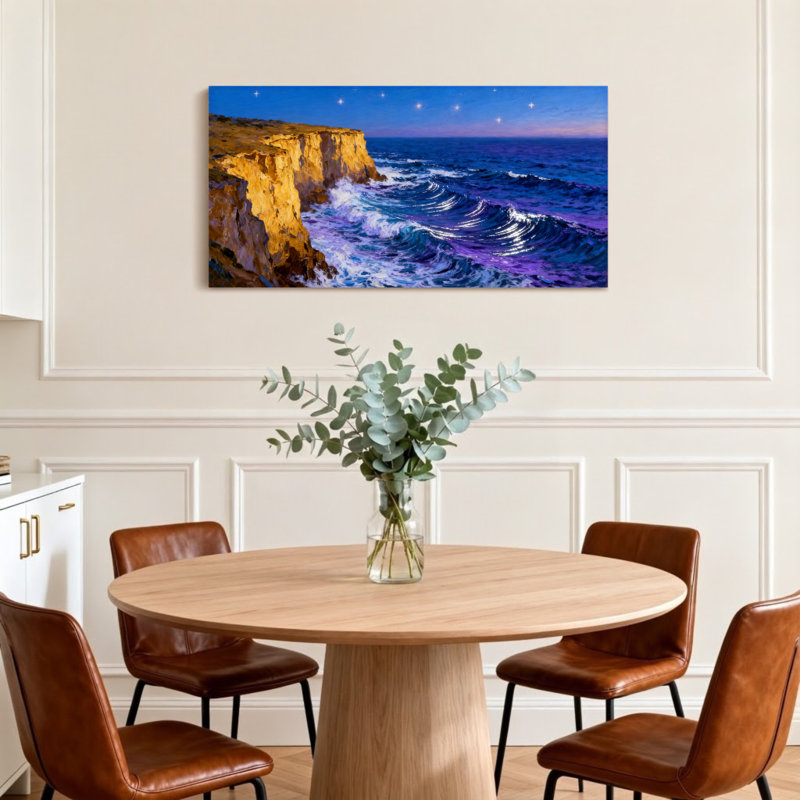 Paysage et nature Cliff Ocean Waves Night Sky Stars - mauve / bleu, H 20 po x l 40 po