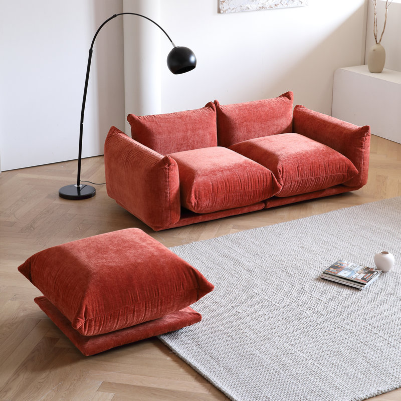 Causeuse modulaire en tissu à accoudoirs arrondis avec repose-pieds 2 places Cath, Rouge