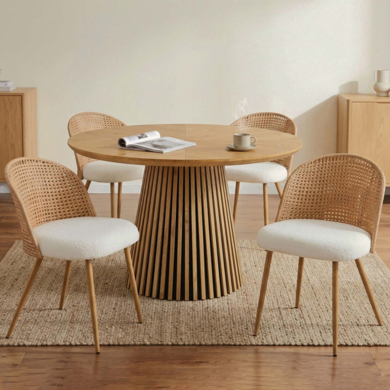 Table à manger ronde en bois + 2 chaises en osier de style médiéval bohémien avec coussins en éponge doux, 3