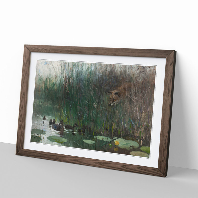 Fox Stalking Ducks by Bruno Liljefors - Picture Frame Painting, 36cm H x 48cm W x 2cm D, Walnut Framed