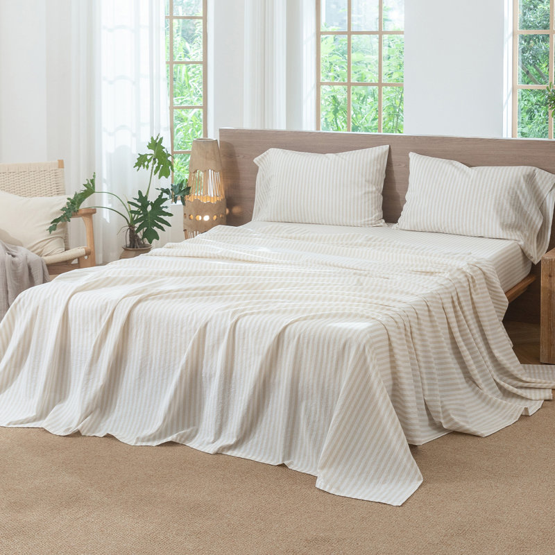 Moomee Striped Flat Sheet 100% Washed Cotton Linen Like Textured Breathable Lightweight, King Flat Sheet