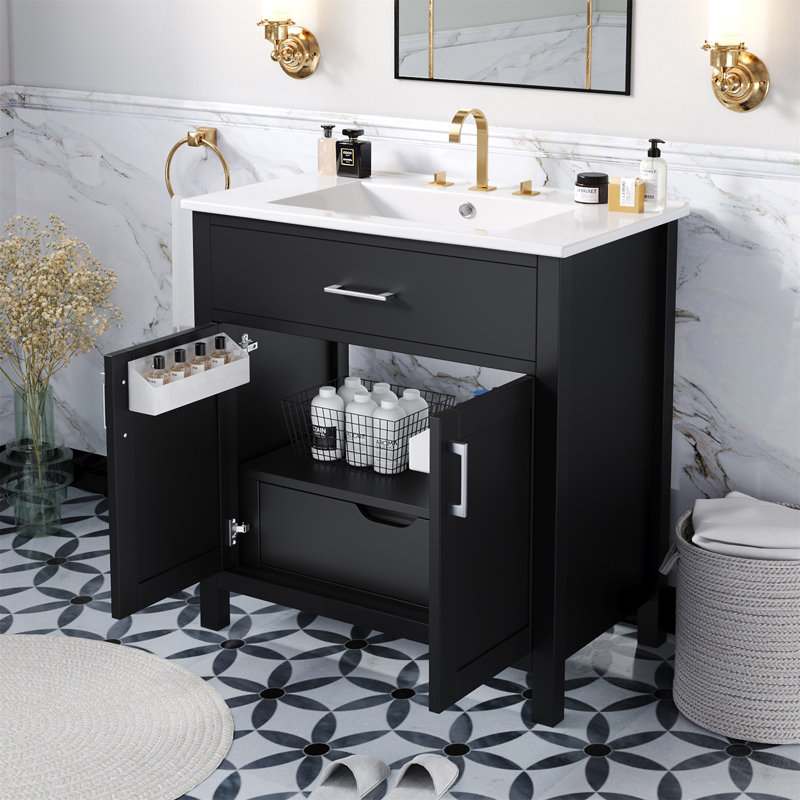 30-Inch  Bathroom Vanity With Ceramic Sink And Ample Storage - The Perfect Choice For Small Bathrooms, Black