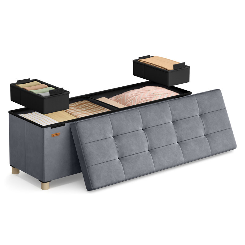 110cm Wide Velvet Tufted Rectangle Solid Colour Standard Ottoman with Storage, Grey