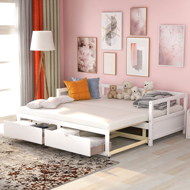 White Extendable Wooden Daybed with Trundle & 2 Storage Drawers - Sofa Bed for Bedroom & Living Room, White