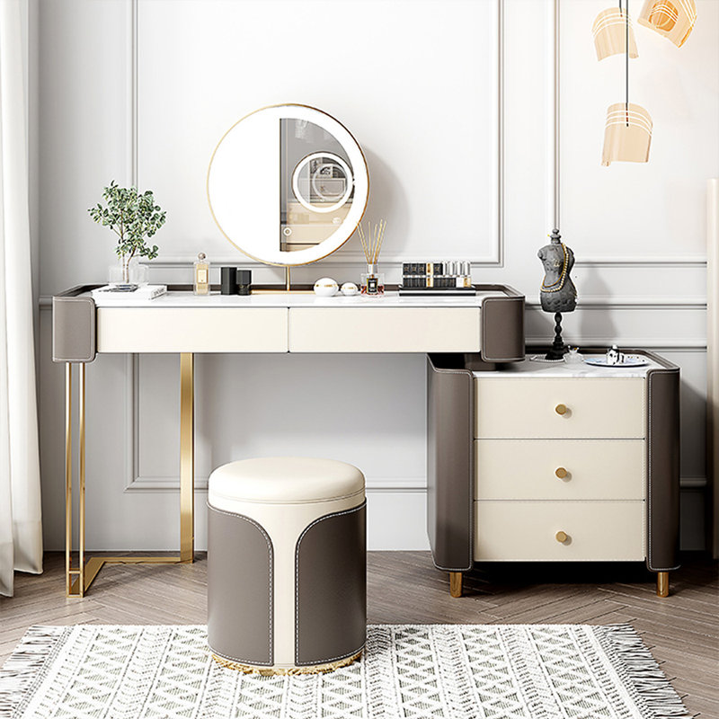 Coiffeuse avec miroir lumineux, 5 tiroirs, 1 chaise