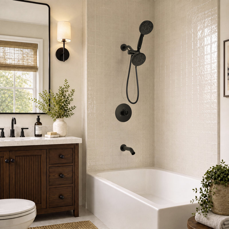 Ensemble de robinetterie de douche à trois fonctions avec douchette, pommeau de douche à 5 jets et soupape d'équilibrage de pression, bec de baignoire inclus