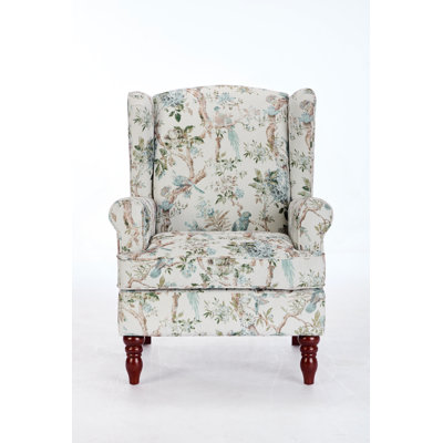 Modern Accent Chair with Retro Wood Legs, Comfy Upholstered Armchair, Floral Design Single Sofa Chair for Living Room Bedroom Office - Floral  Blue Bird