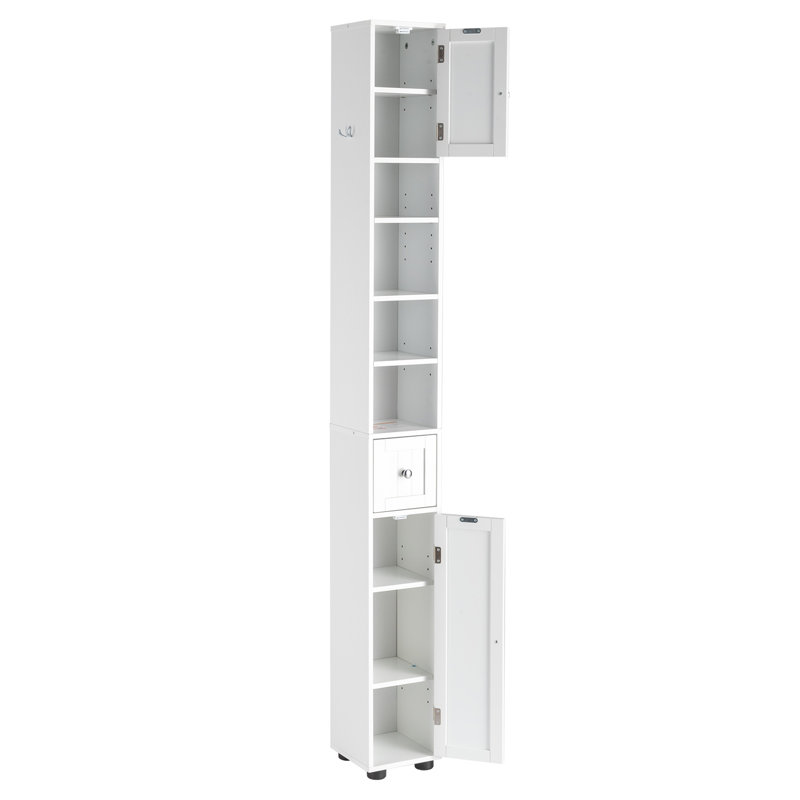 Armoire de rangement blanche étroite avec 1 tiroir, 2 portes et 4 niveaux