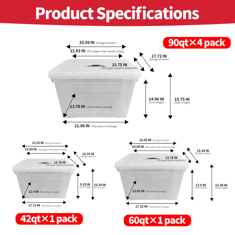 Storage Bins with Lids Combo Set, 6 Pack Assorted Size Plastic Storage Containers, 4X90qt + 60qt + 42qt, BPA-Free Stackable Organizing Bins for Home, Kitchen, Closet