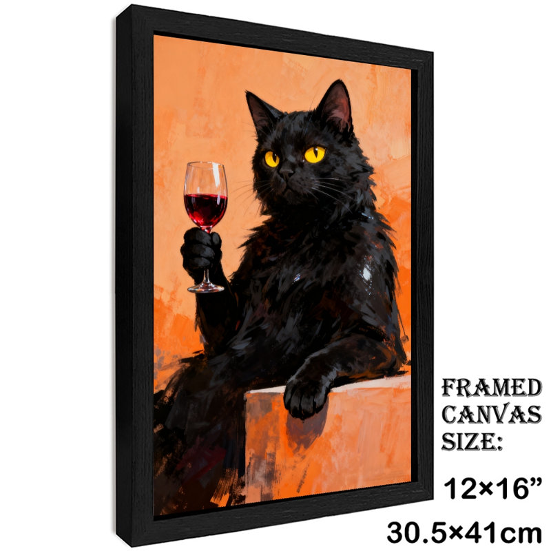 Chat noir mystérieux rétro encadré noir tenant un verre de vin rouge sur un fond aux couleurs vives, reproductions d'art encadrées de style rétro