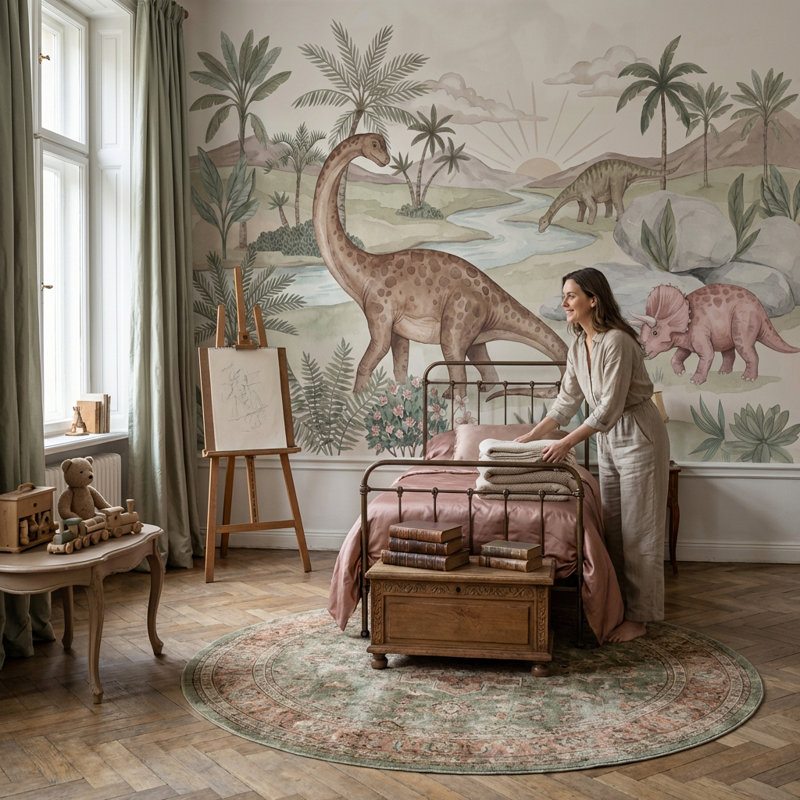 Papier peint aquarelle nature préhistorique dinosaures, 100"x96", Non-Woven Nonpasted
