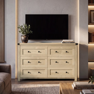 Commode moderne du milieu du siècle, 6 tiroirs, 120 cm (47,2 po), en chêne clair avec poignées carrées noires et protections d'angle, idéale pour la chambre et le salon, couleur bois naturel.