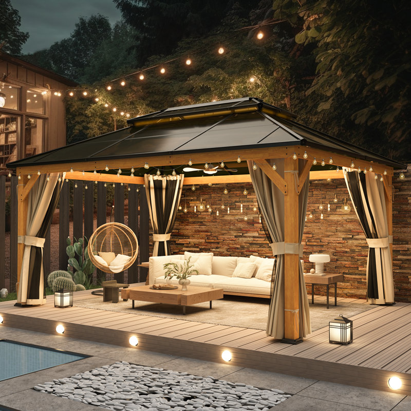 16 Ft. W X 12 Ft. D Solid Wood Hardtop Gazebo, Permanent Pavilion with Curtains and Netting, Outdoor Double Roof Canopy, Designed for Garden, Lawns, Patio